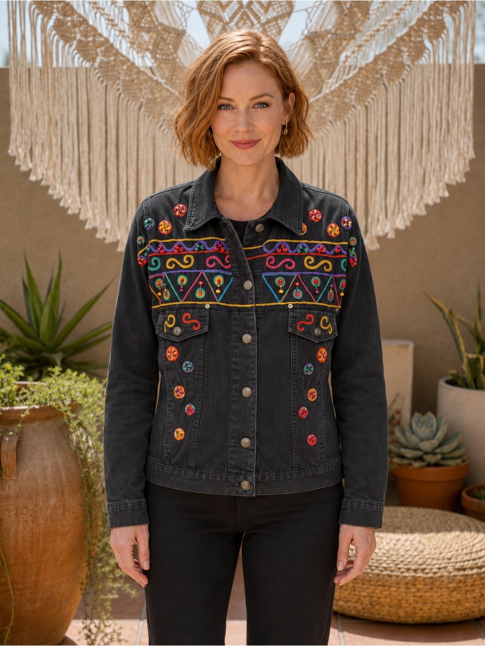 Carole Little Black Embroidered Denim Jacket with Wood Bead Accents Size 12